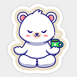 Cute Baby Polar Bear Meditation With Coffee Cup Cartoon Sticker